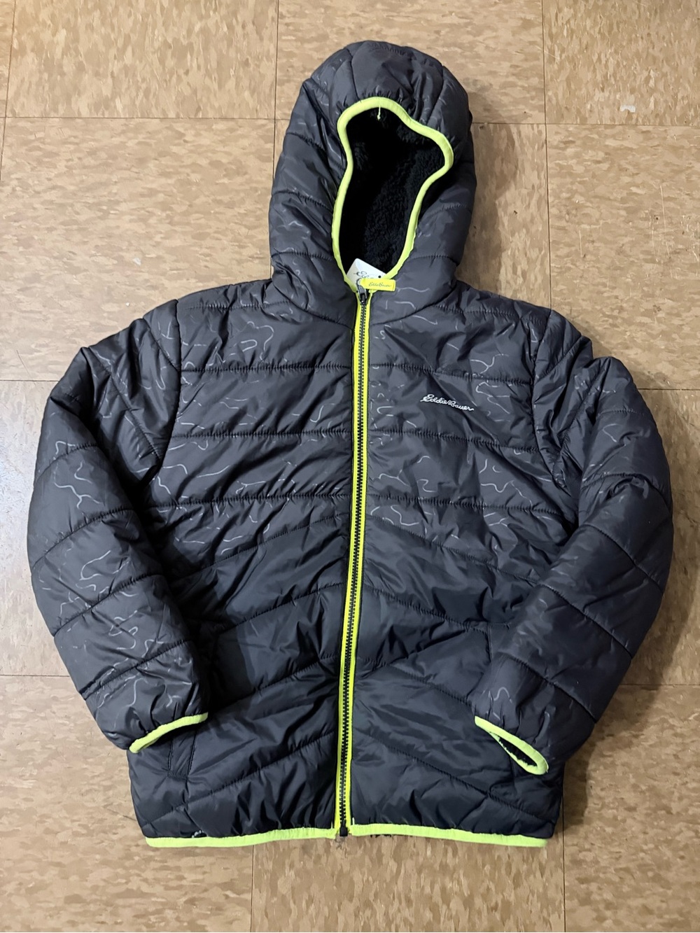 NWT - Eddie Bauer Kids Hooded Puffer Jacket - Charcoal with Lime Trim 10/12